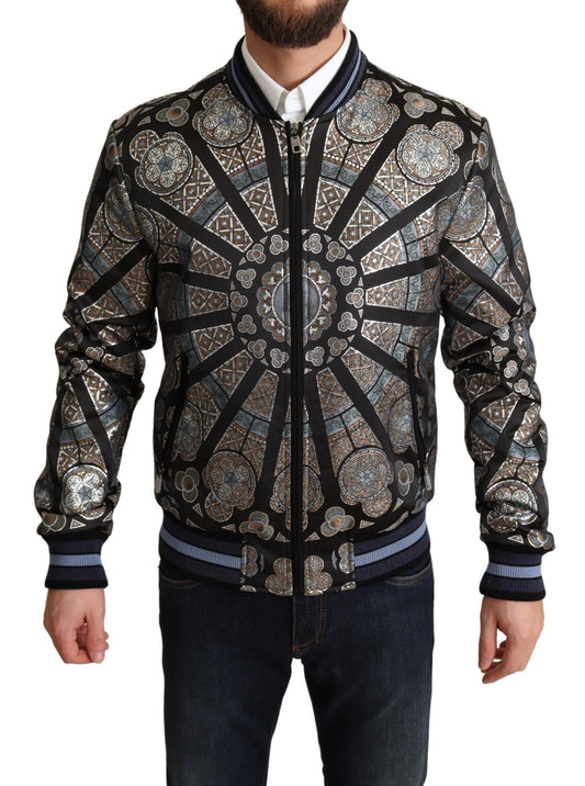 Dolce & Gabbana Blue Jacquard Motive Bomber Coat Mens Jacket