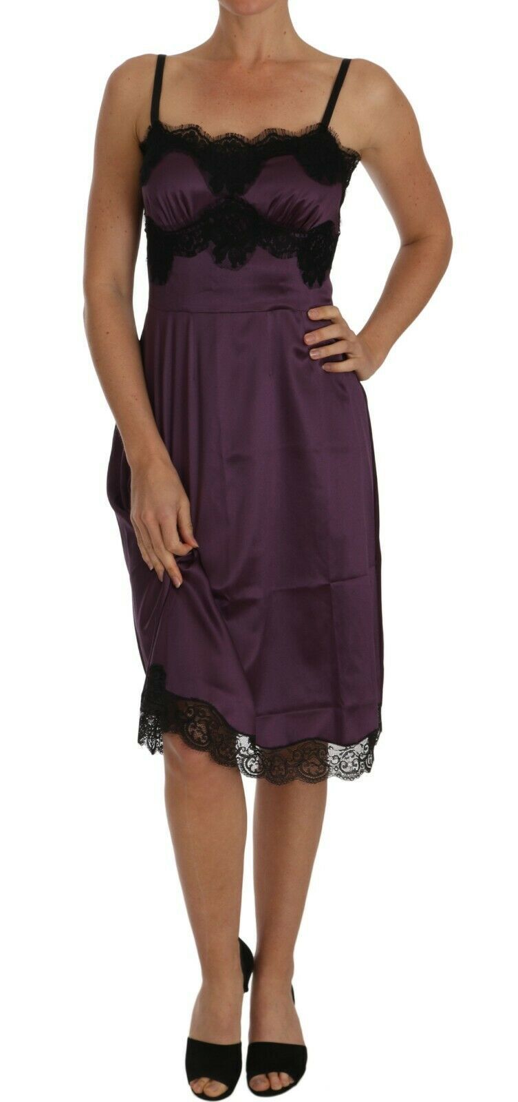 Dolce & Gabbana Purple Silk Stretch Black Lace A-Line Dress