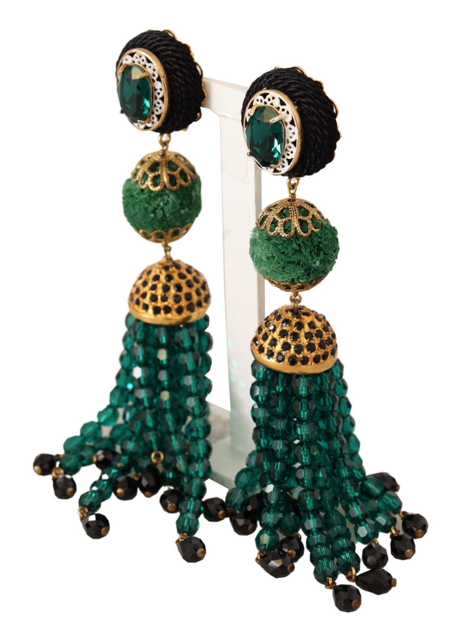 Dolce & Gabbana Green Crystals Gold Tone Drop Clip-on Dangle Earrings