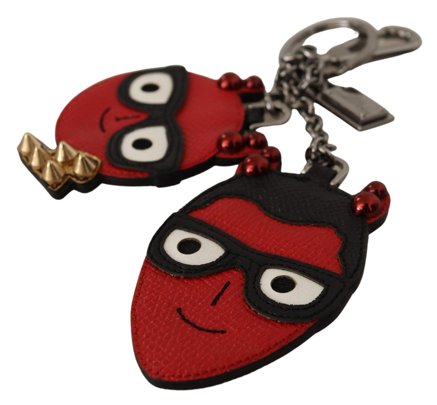 Dolce & Gabbana Red Leather Silver Tone Devil Studded Keychain