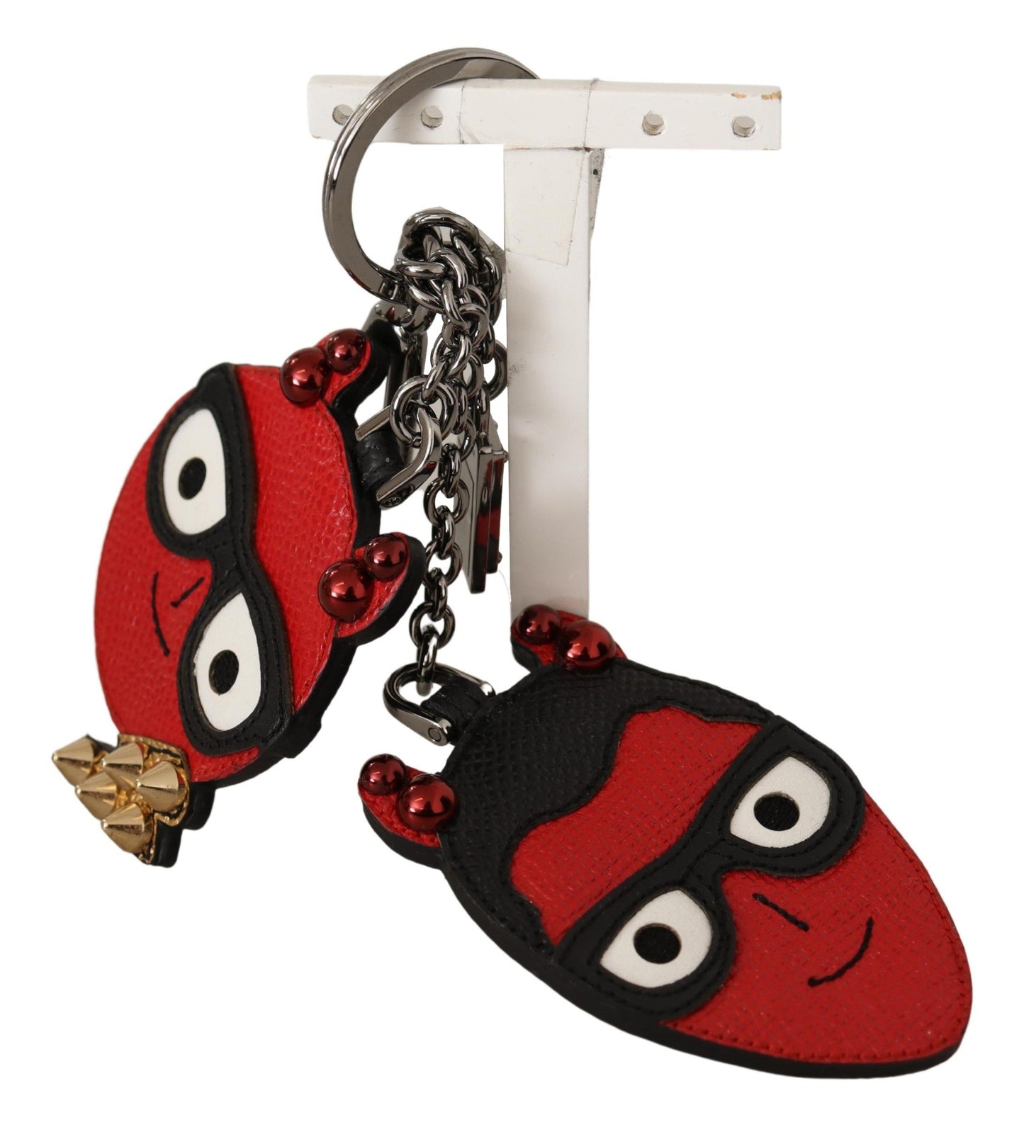 Dolce & Gabbana Red Leather Silver Tone Devil Studded Keychain