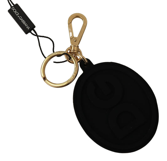 Dolce & Gabbana Black Rubber DG Logo Gold Brass Metal Keyring Keychain