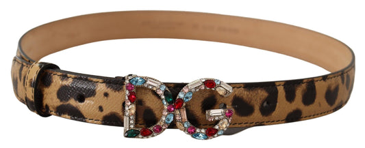 Dolce & Gabbana Brown Leopard Leather DG Crystals Buckle Belt