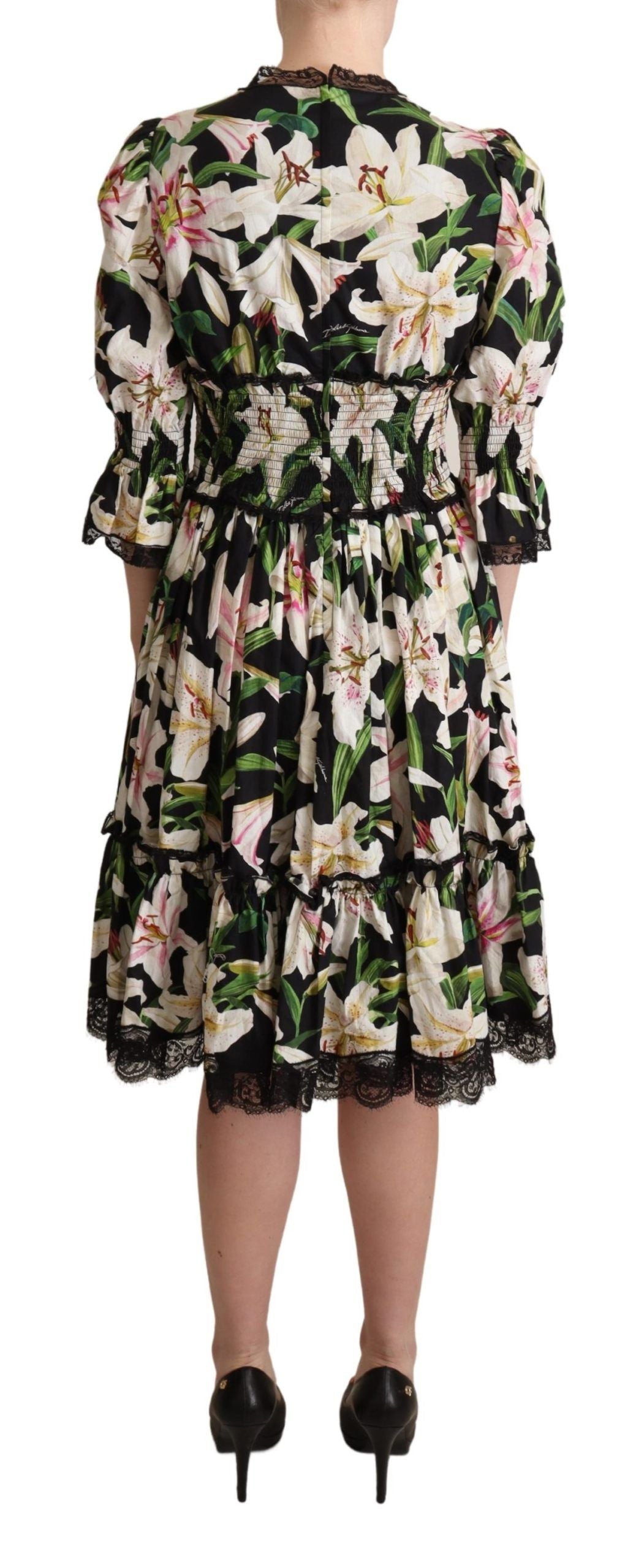 Dolce & Gabbana Black Cotton Lily Print Lace Trim Dress