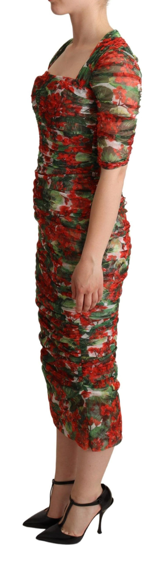 Dolce & Gabbana Red Floral Print Tulle Sheath Midi Dress