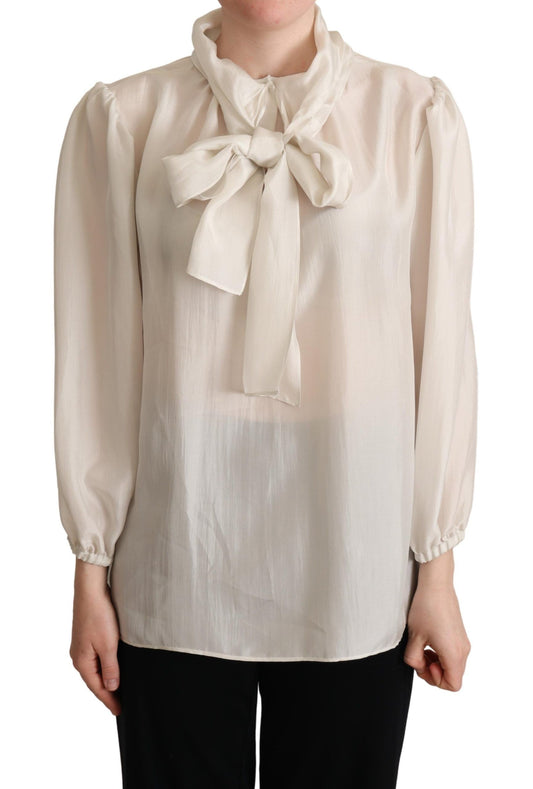 Dolce & Gabbana Light Gray Ascot Collar Silk Blouse