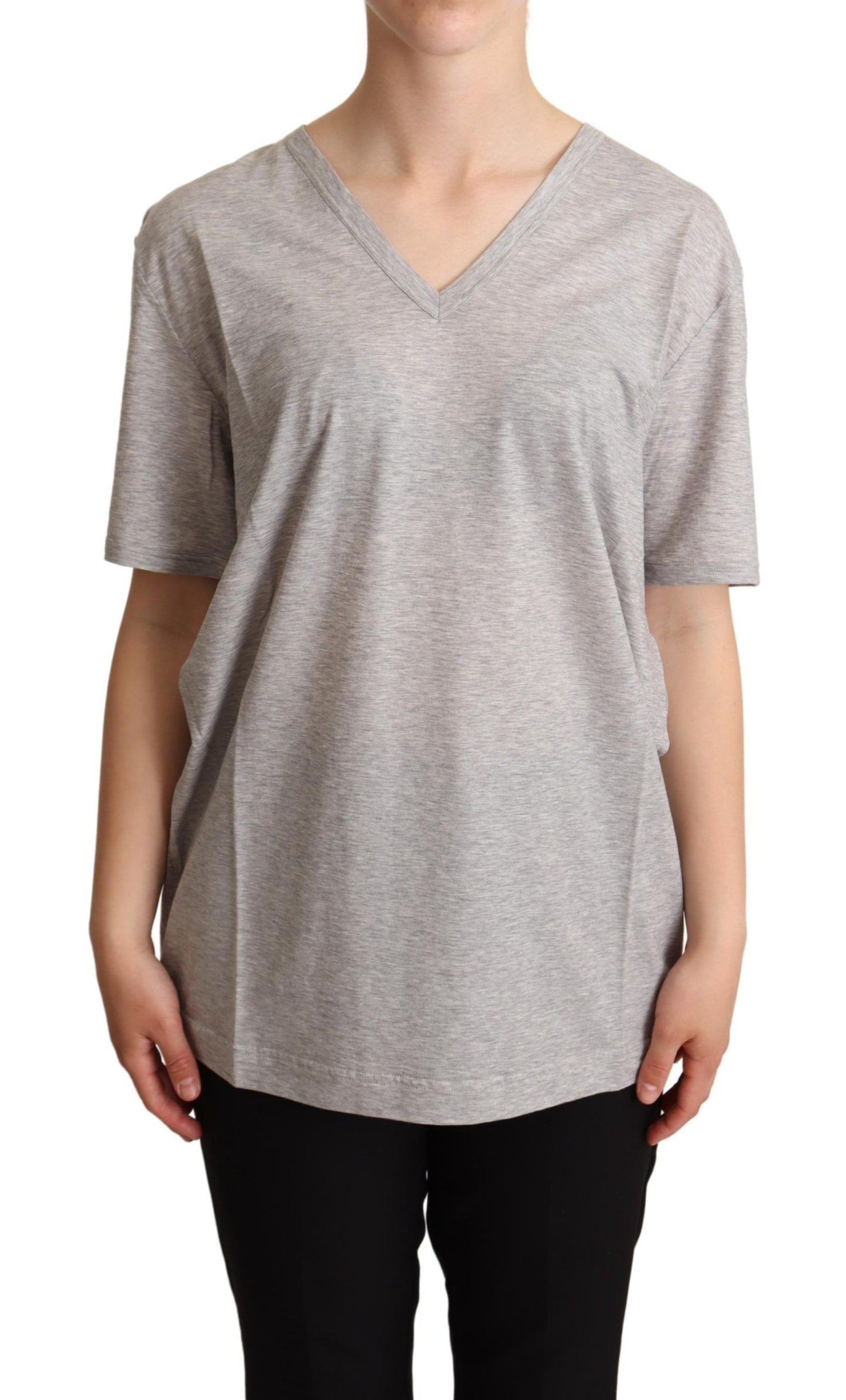 Dolce & Gabbana Gray Solid 100% Cotton V-neck Top T-shirt