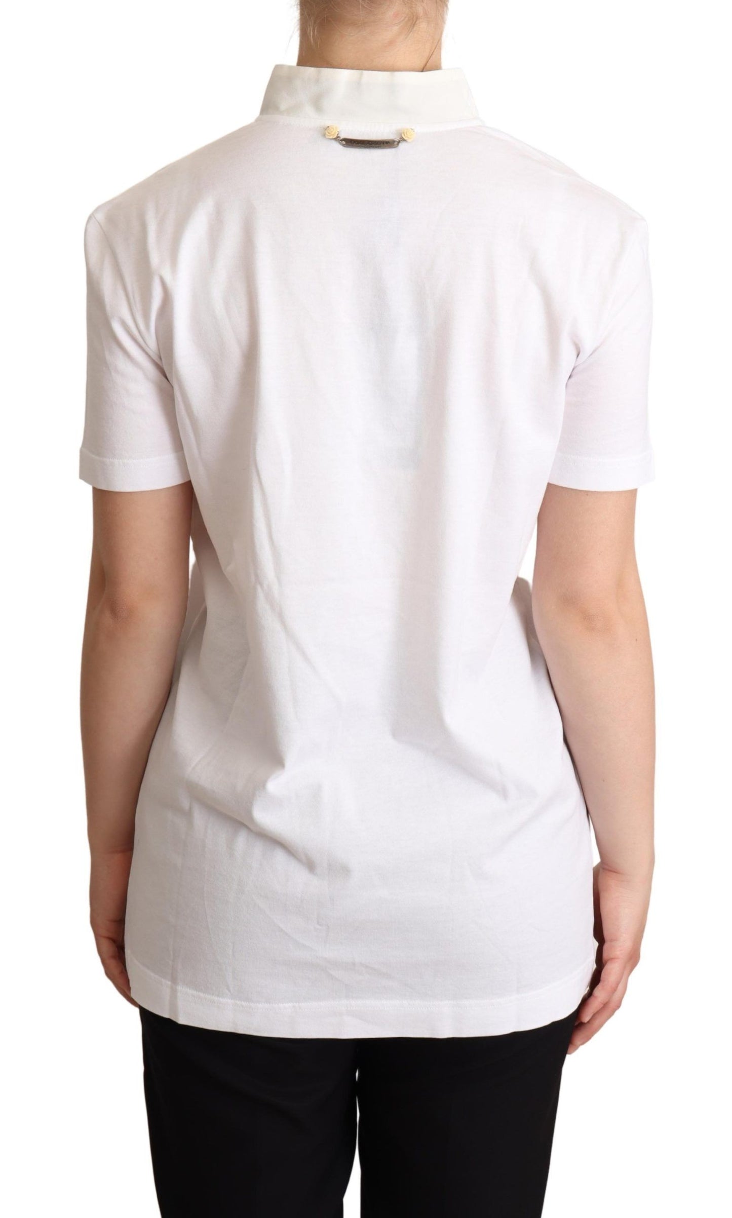 Dolce & Gabbana White Cotton Silk Blend Ascot Collar T-shirt