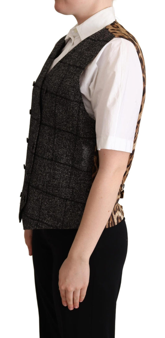 Dolce & Gabbana Gray Wool Leopard Print Waistcoat Vest