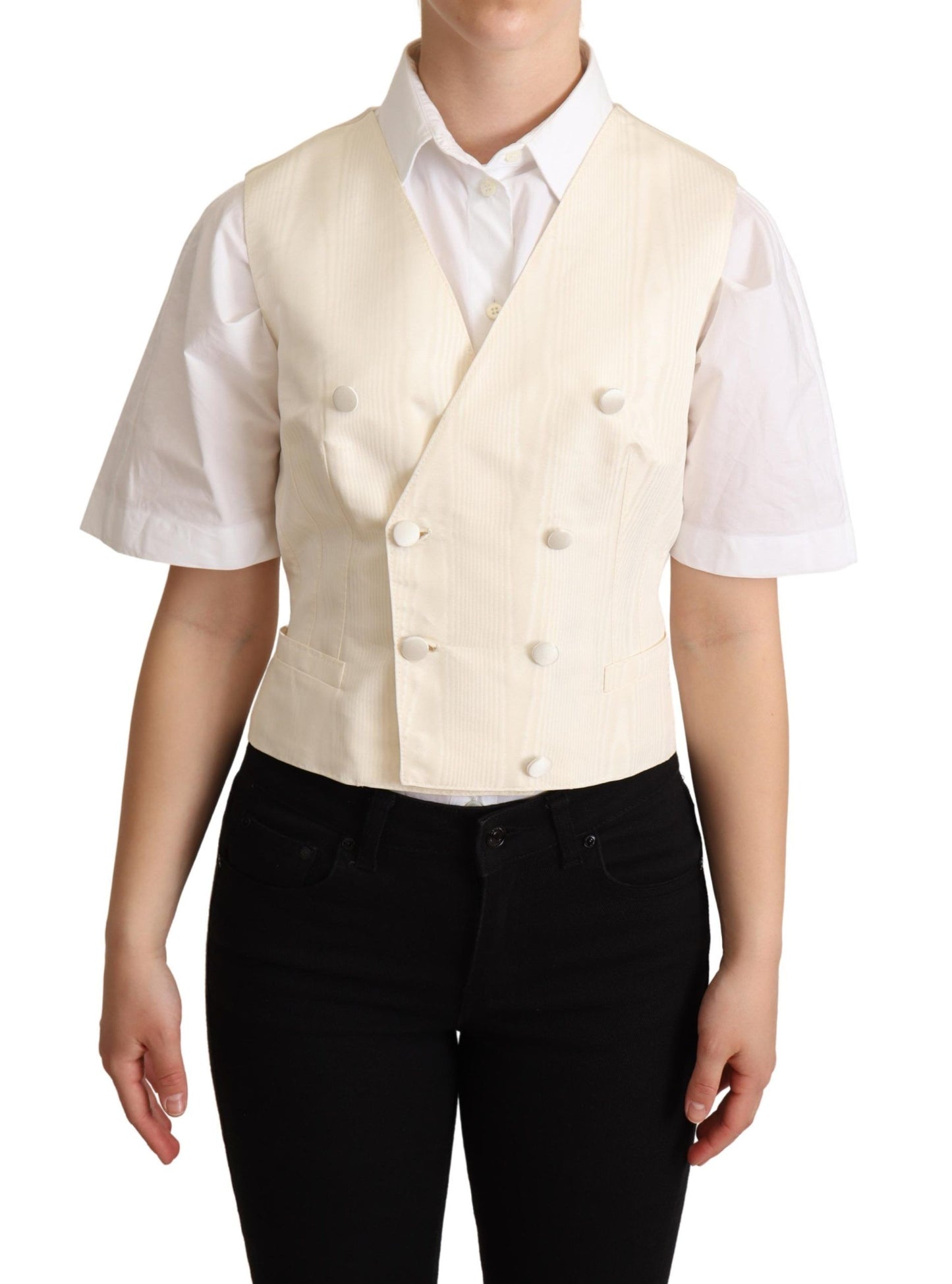 Dolce & Gabbana Beige Silk Sleeveless Waistcoat Vest