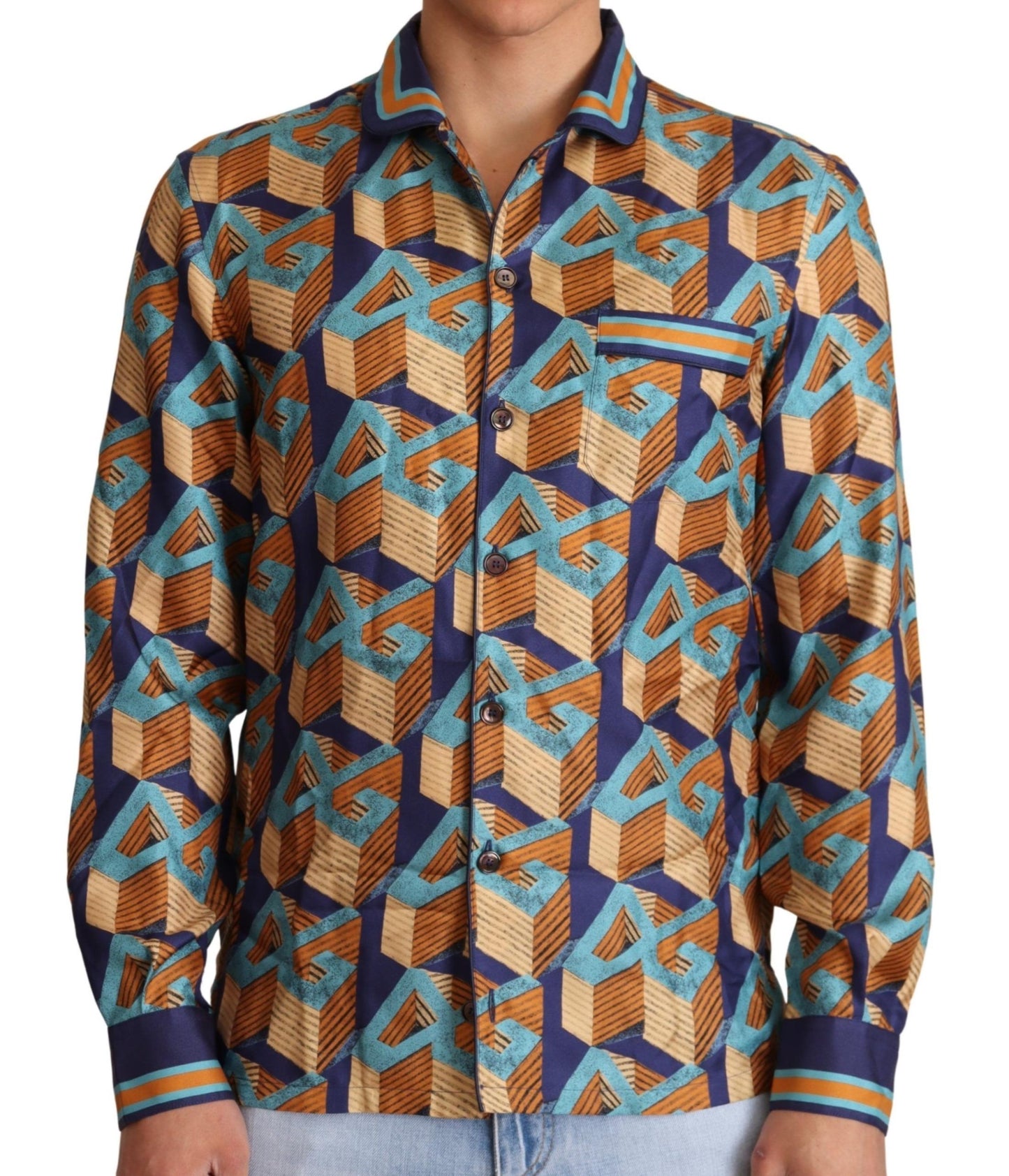 Dolce & Gabbana Multicolor DG Logo Silk Mens Top Shirt