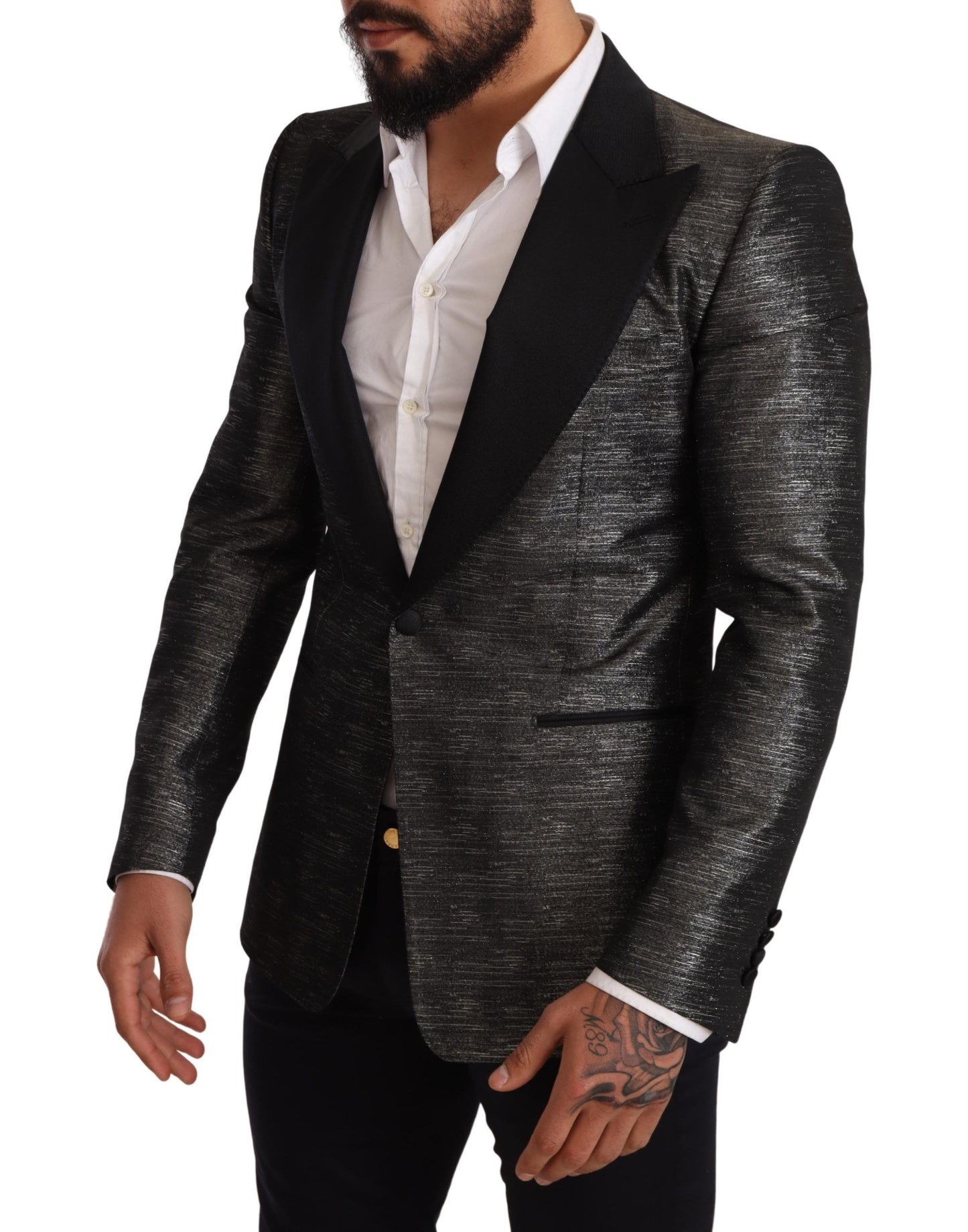 Dolce & Gabbana Gray Metallic Black Slim Tuxedo Blazer