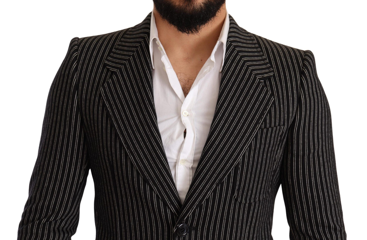 Dolce & Gabbana Black Striped Slim Fit Wool Coat Blazer