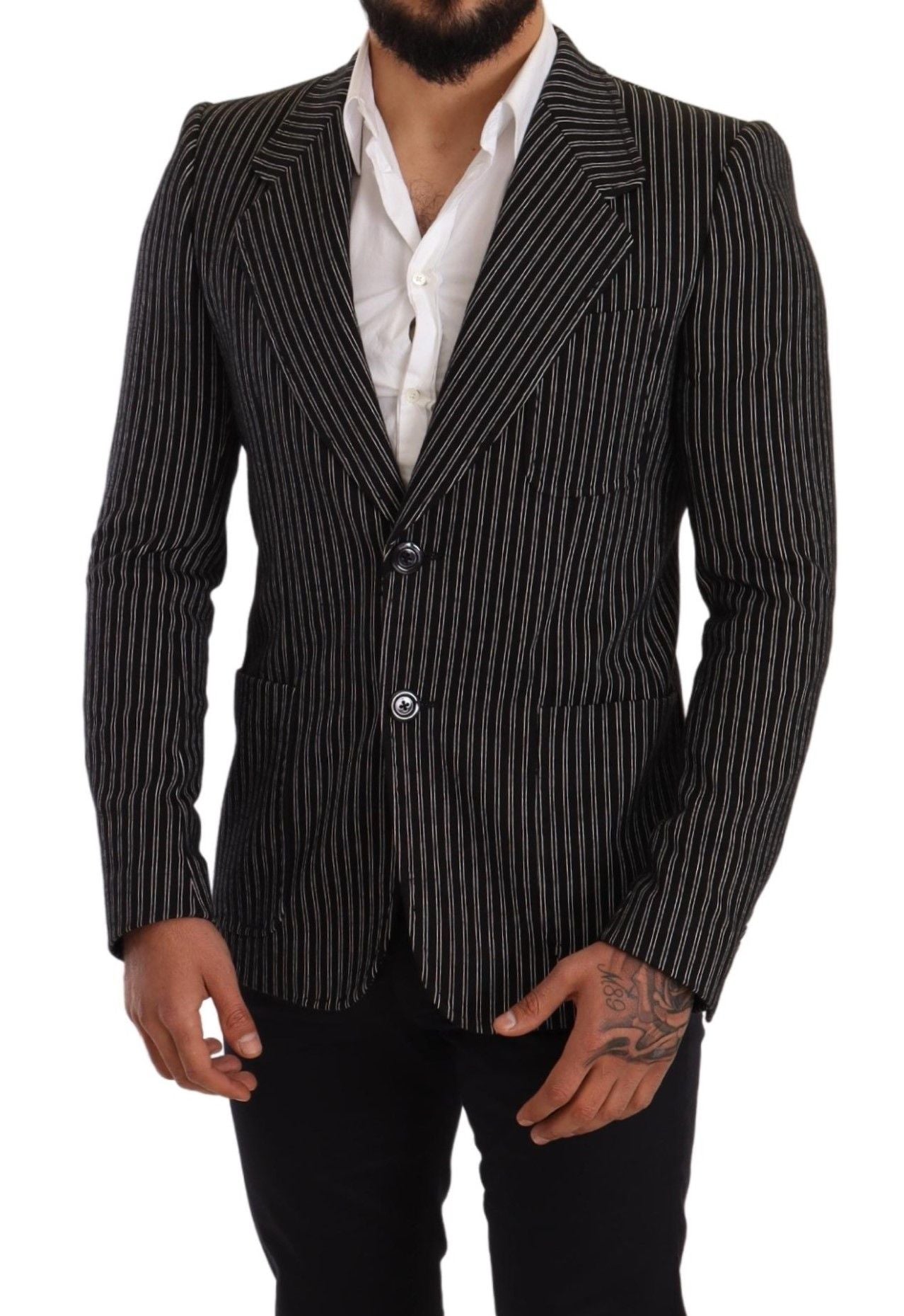 Dolce & Gabbana Black Striped Slim Fit Wool Coat Blazer