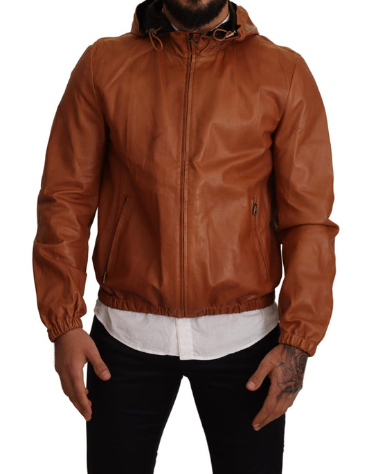 Dolce & Gabbana Brown Leather Lambskin Hooded Coat Jacket