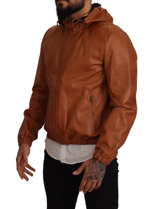 Dolce & Gabbana Brown Leather Lambskin Hooded Coat Jacket