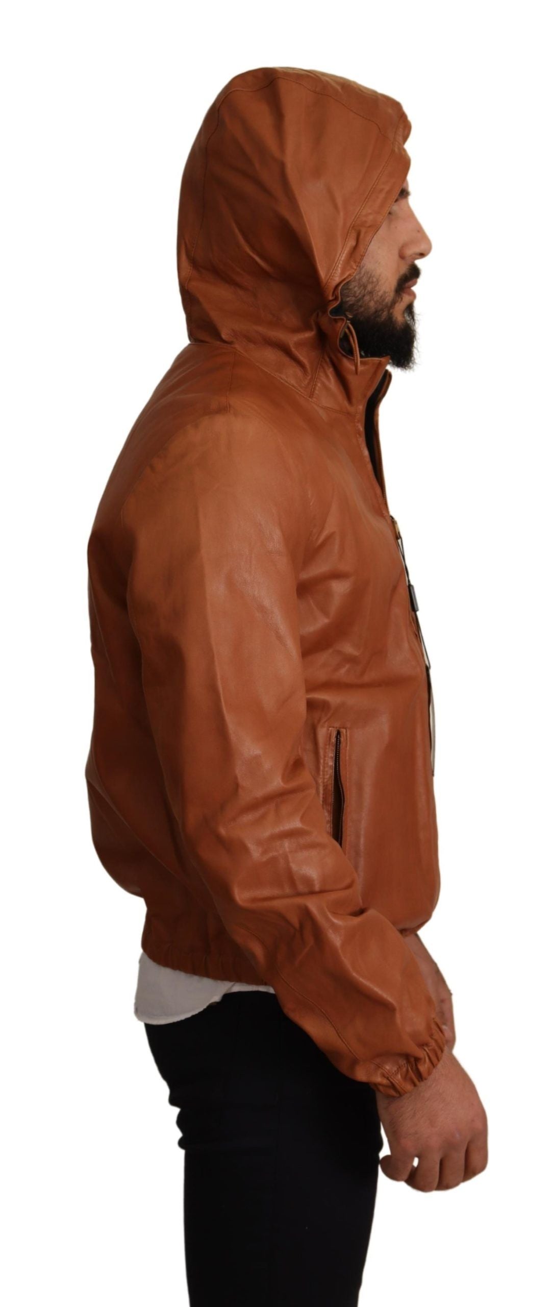 Dolce & Gabbana Brown Leather Lambskin Hooded Coat Jacket