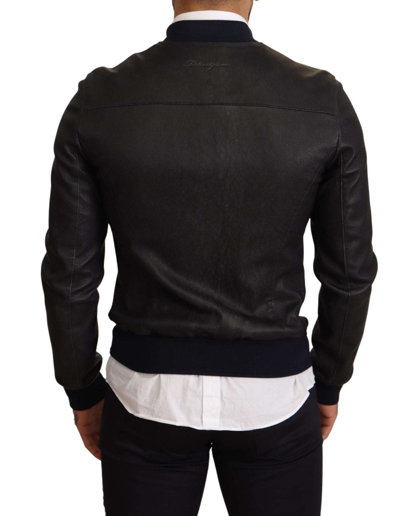 Dolce & Gabbana Blue Leather Full Zip Bomber Men Jacket