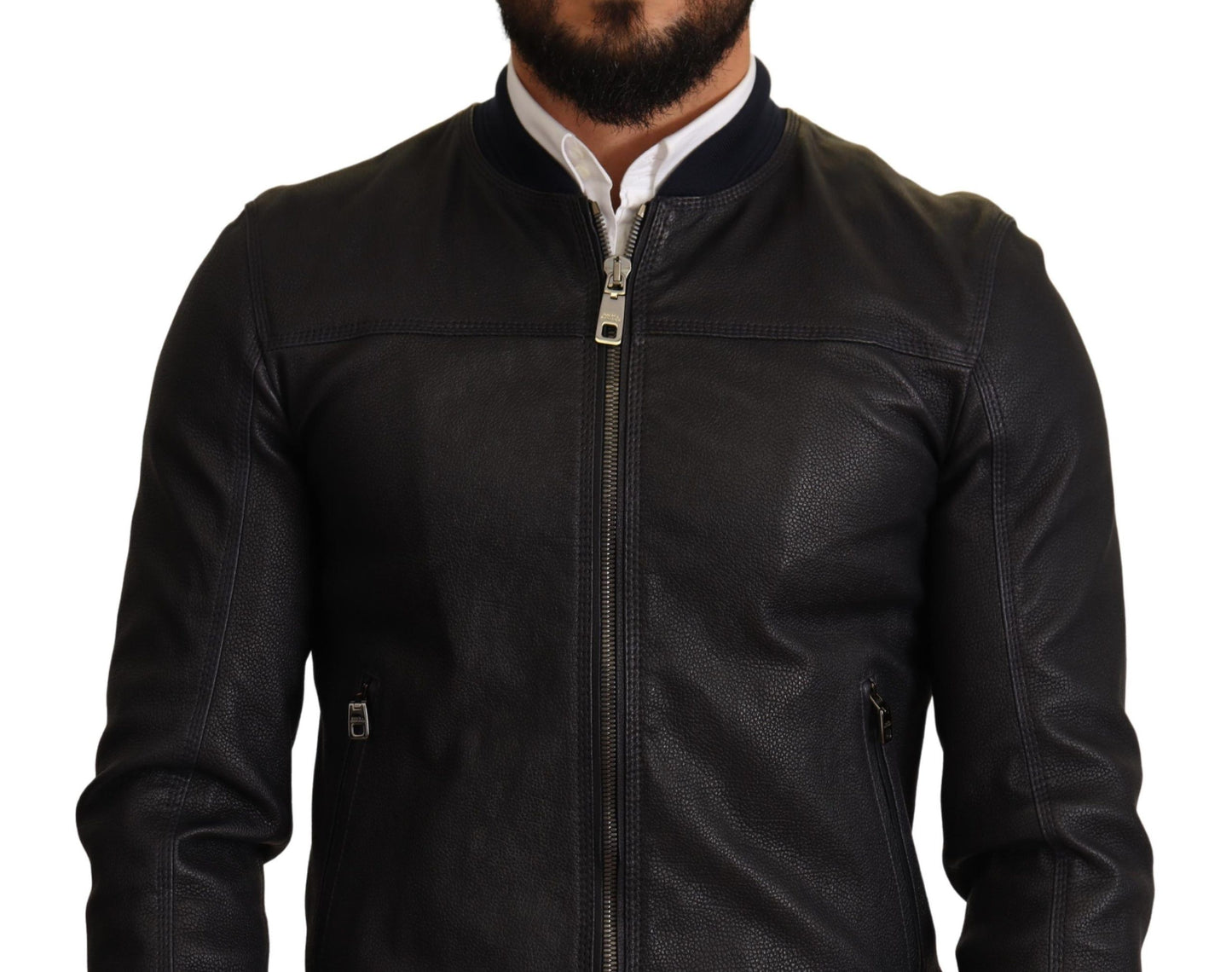 Dolce & Gabbana Blue Leather Full Zip Bomber Men Jacket