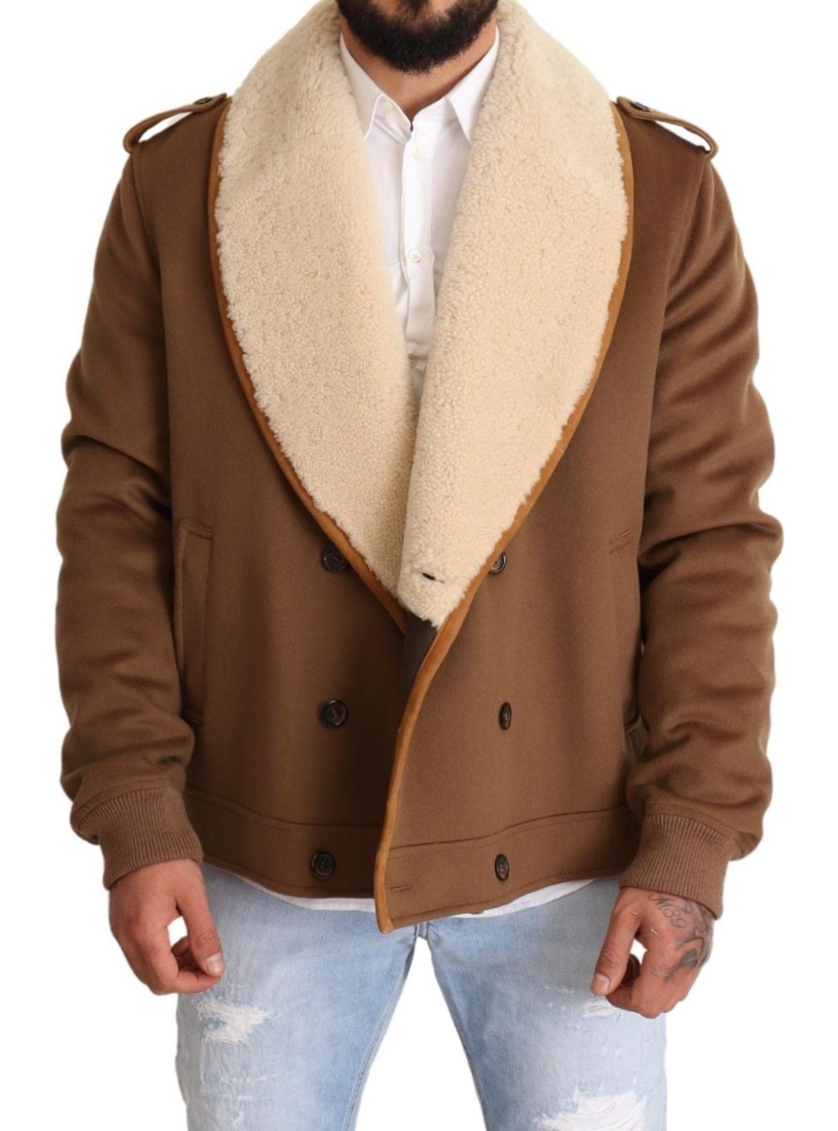 Dolce & Gabbana Brown Double Breasted Shearling Coat Jacket