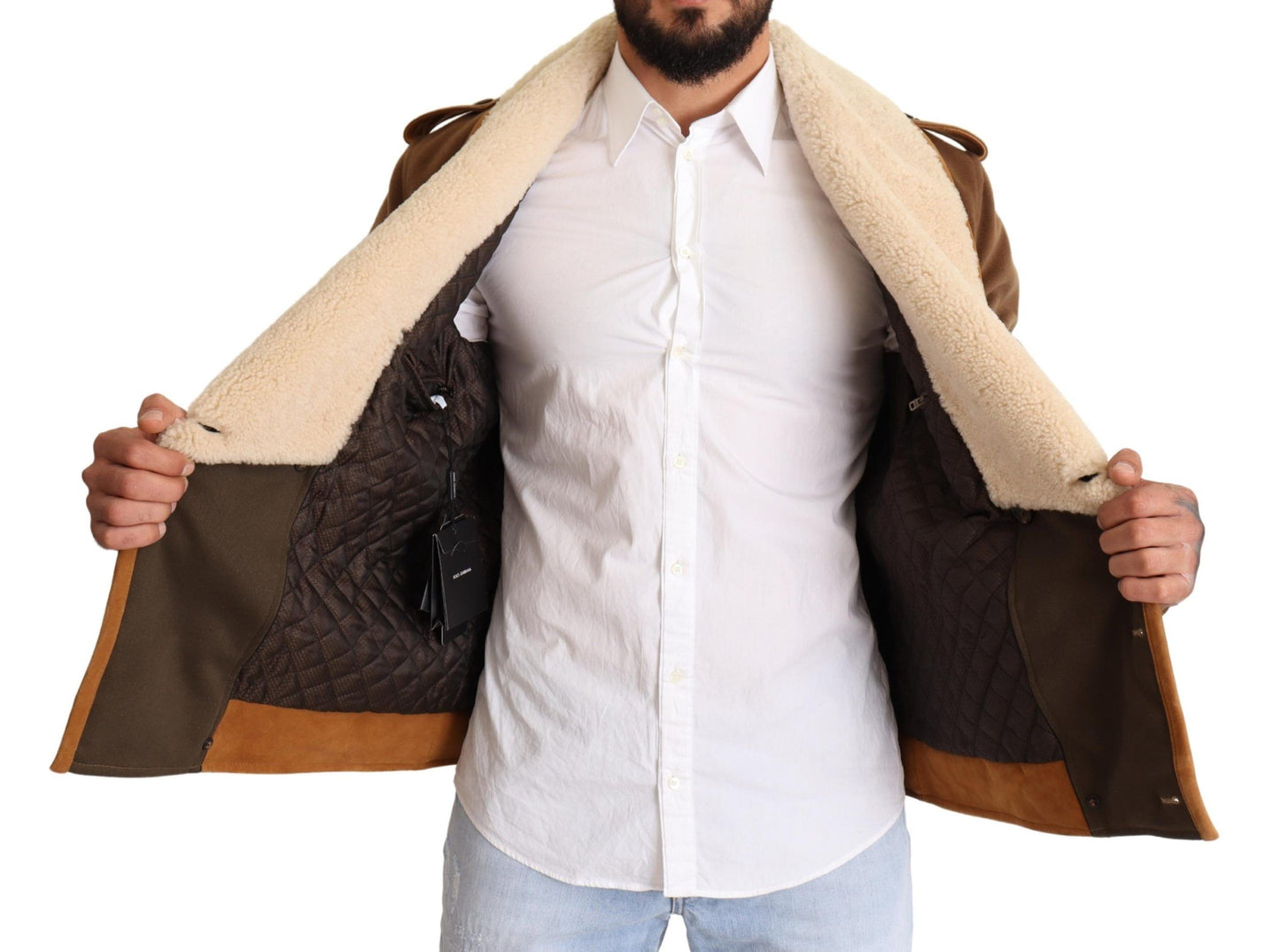 Dolce & Gabbana Brown Double Breasted Shearling Coat Jacket