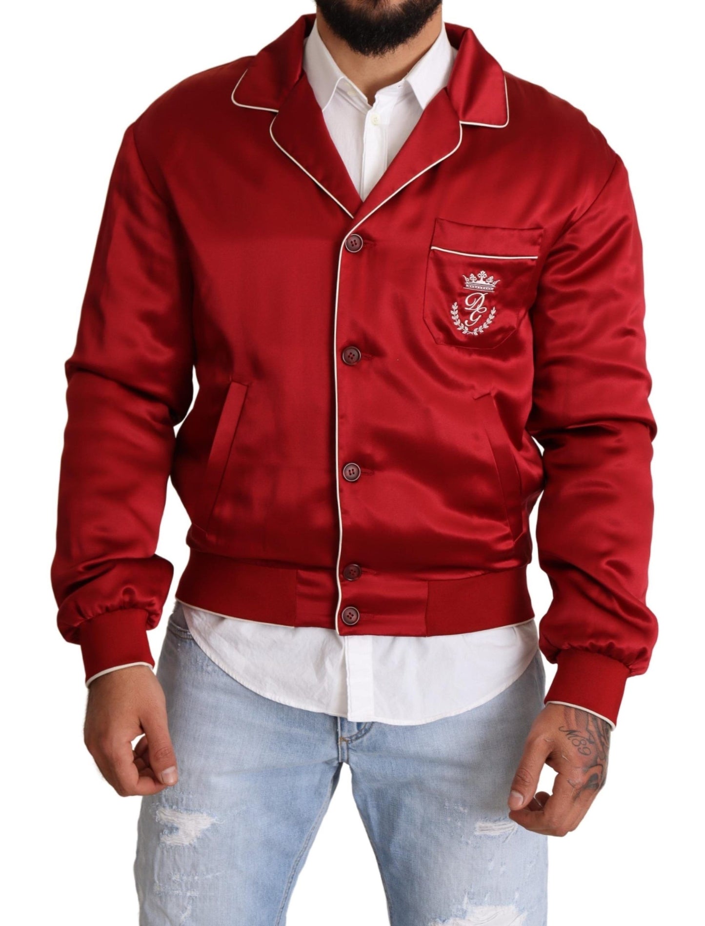 Dolce & Gabbana Red Silk Button DG Logo Bomber Jacket