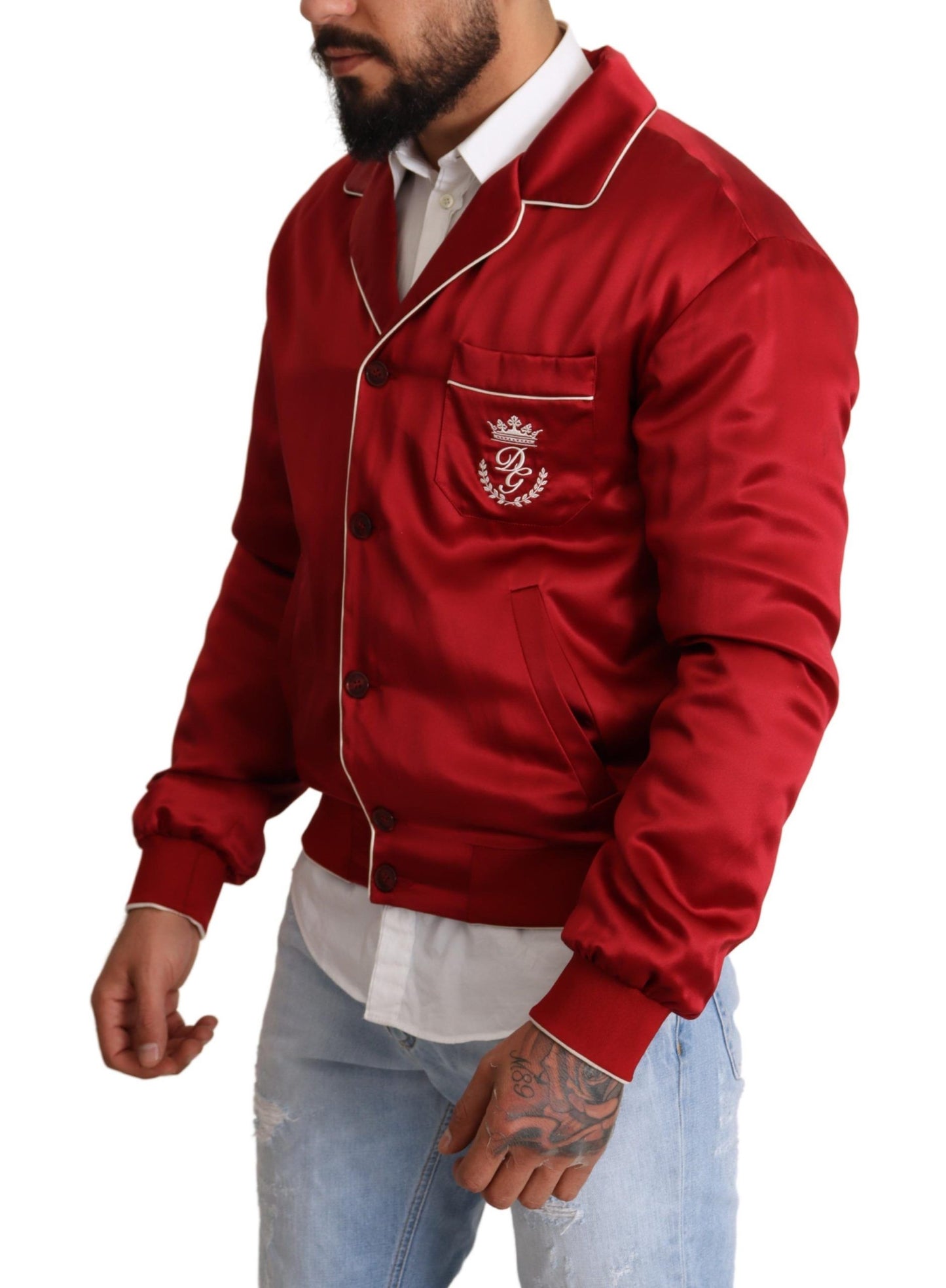 Dolce & Gabbana Red Silk Button DG Logo Bomber Jacket