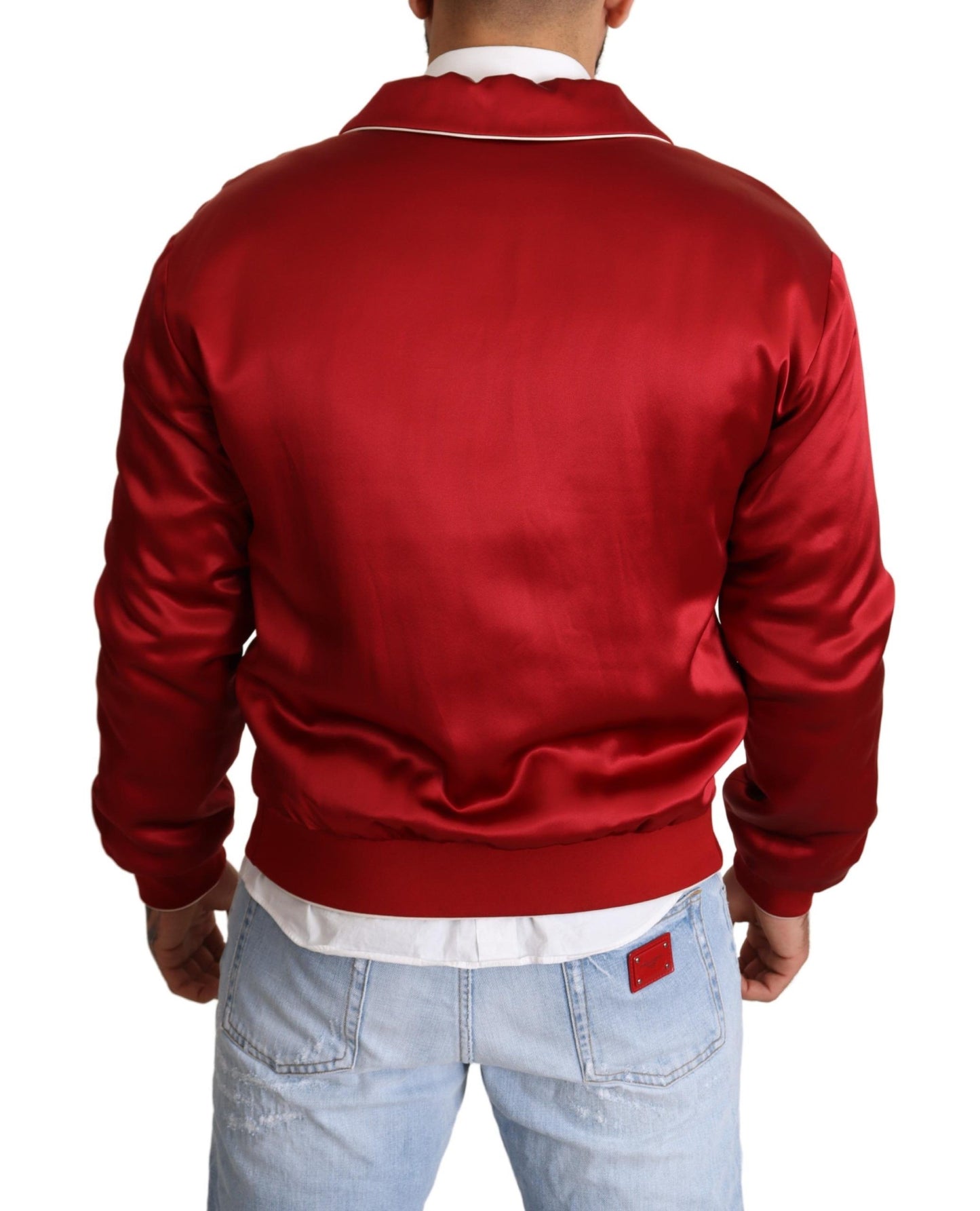 Dolce & Gabbana Red Silk Button DG Logo Bomber Jacket