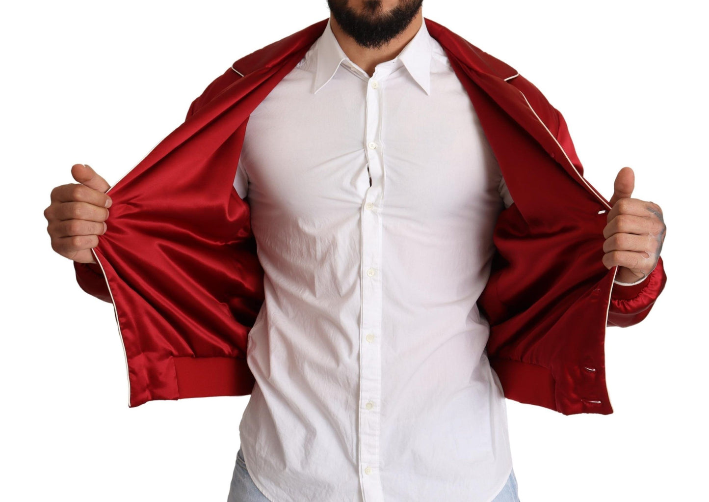 Dolce & Gabbana Red Silk Button DG Logo Bomber Jacket