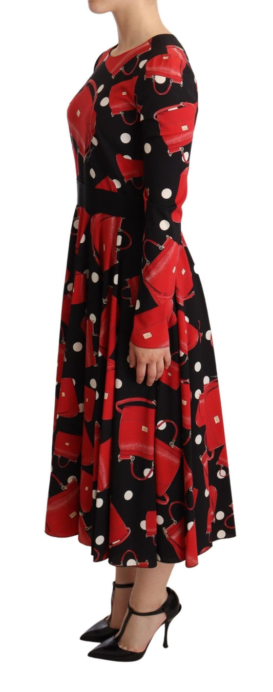 Dolce & Gabbana Black Sicily Bag Print Flared Midi Dress