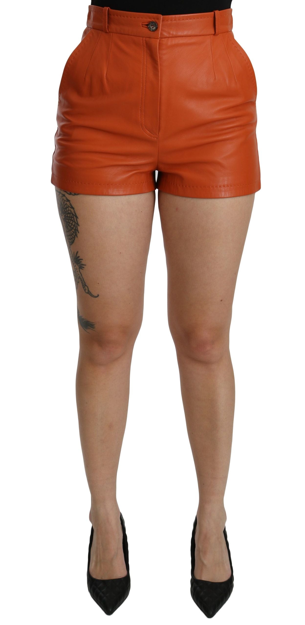 Dolce & Gabbana Orange Leather High Waist Shorts