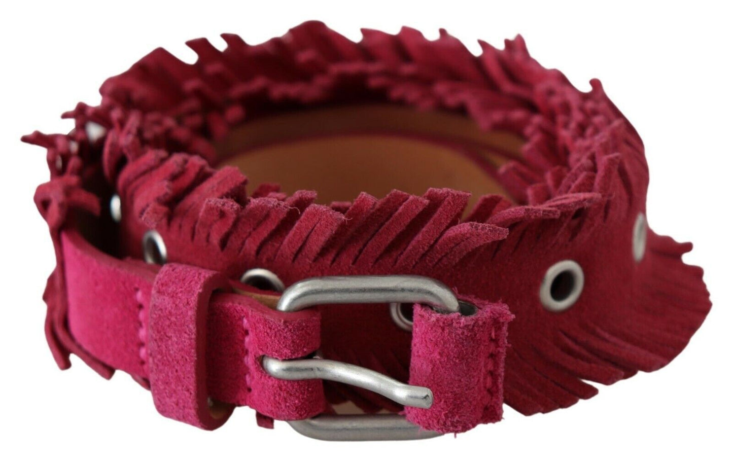 Ermanno Scervino Maroon Leather Fringes Silver Buckle Waist Belt