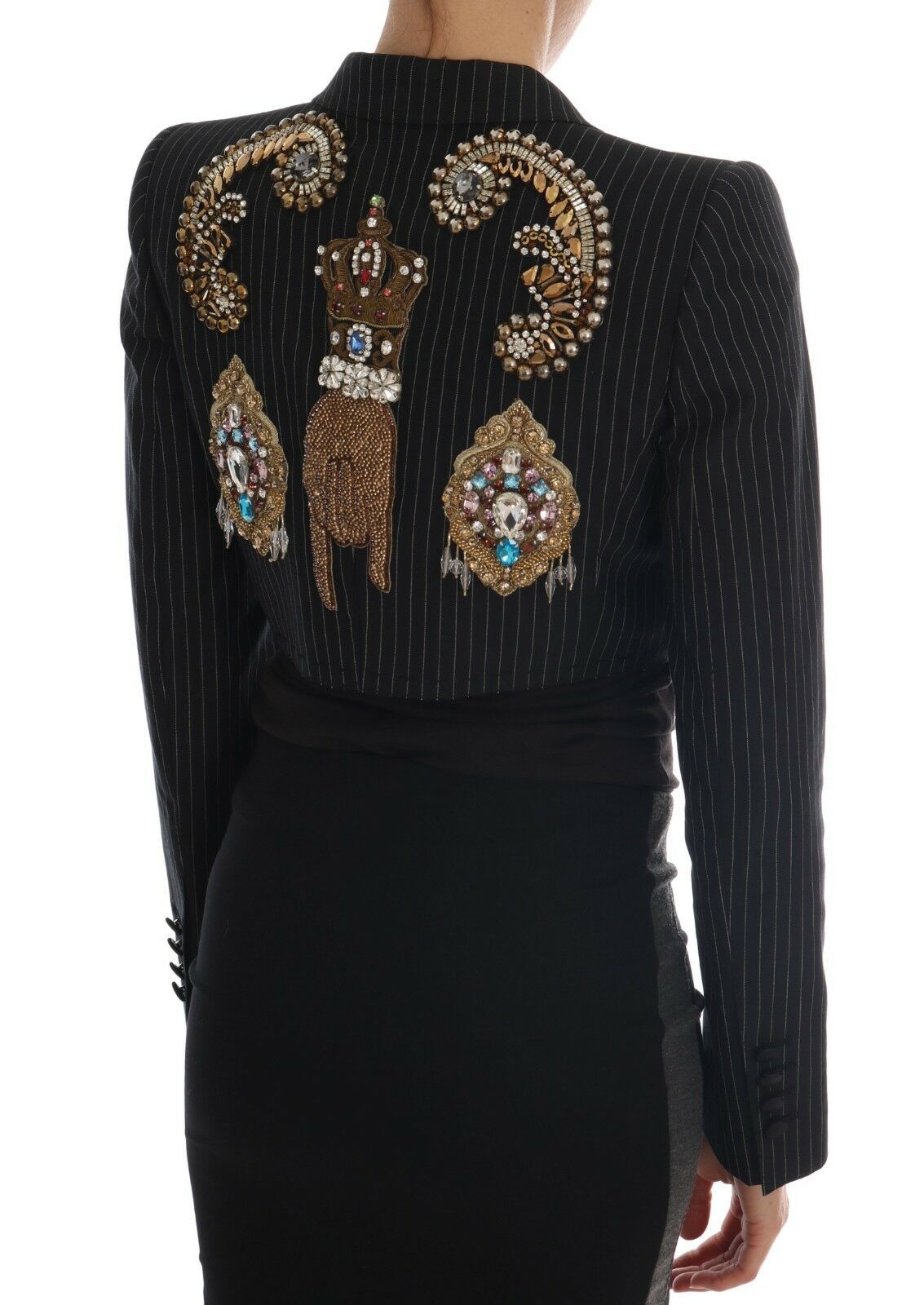 Dolce & Gabbana Black Striped Crystal Cropped Blazer Jacket