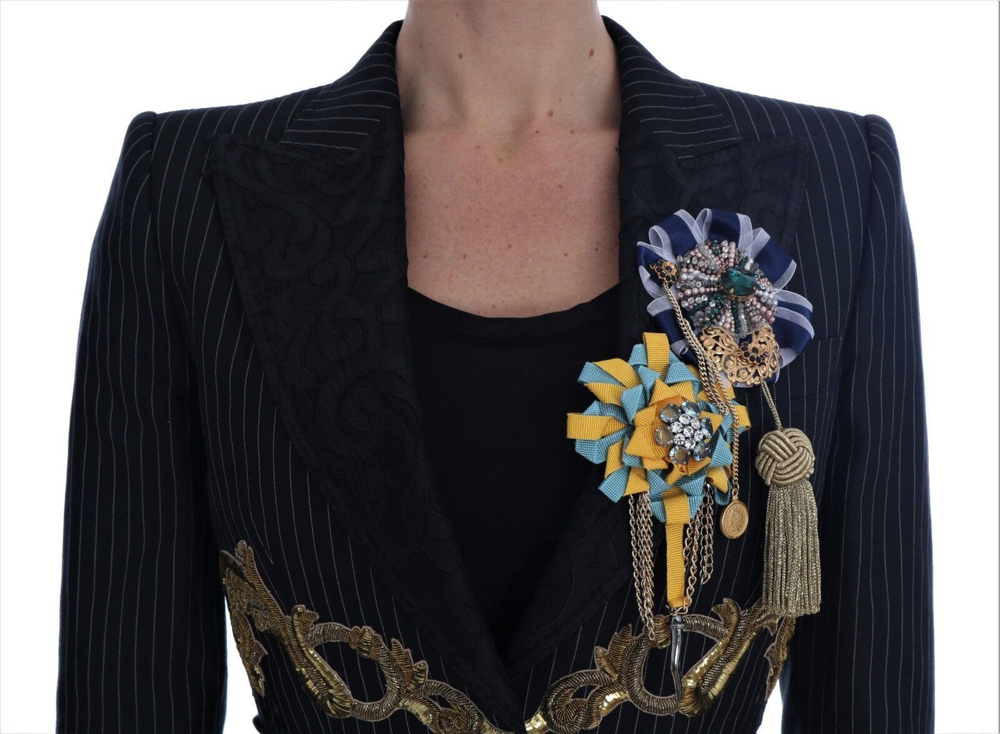 Dolce & Gabbana Black Striped Crystal Cropped Blazer Jacket