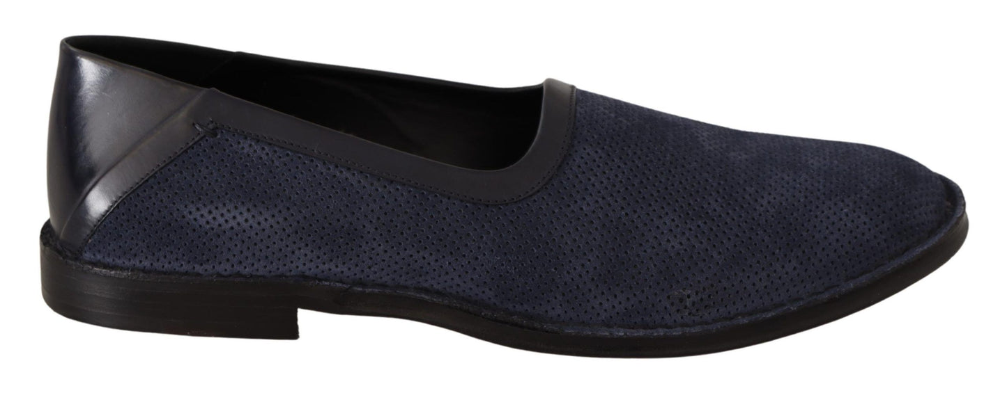 Dolce & Gabbana Blue Leather Perforated Slip On Loafers Shoes