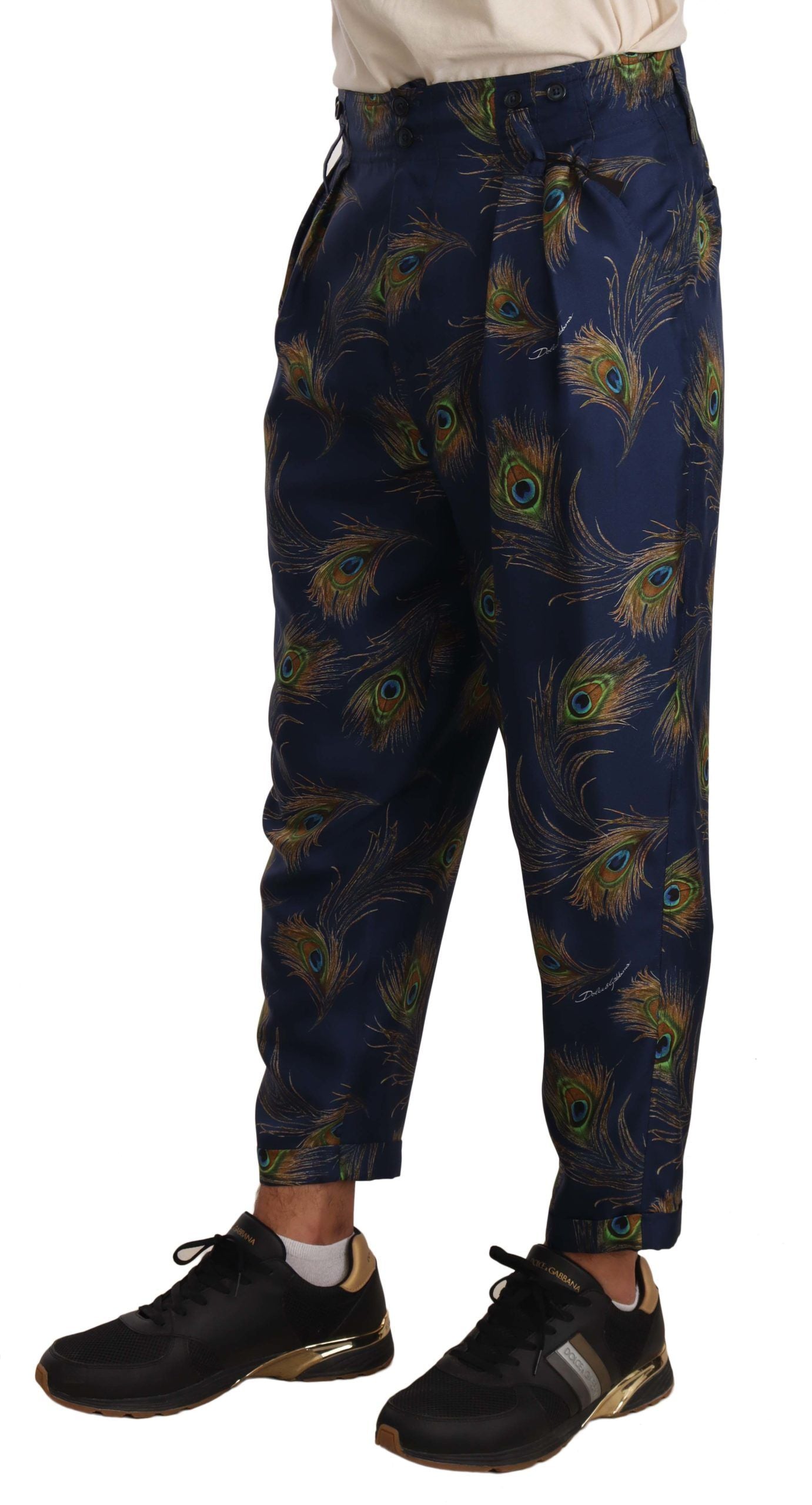 Dolce & Gabbana Blue Peacock Print Tapered Trousers Silk Pants