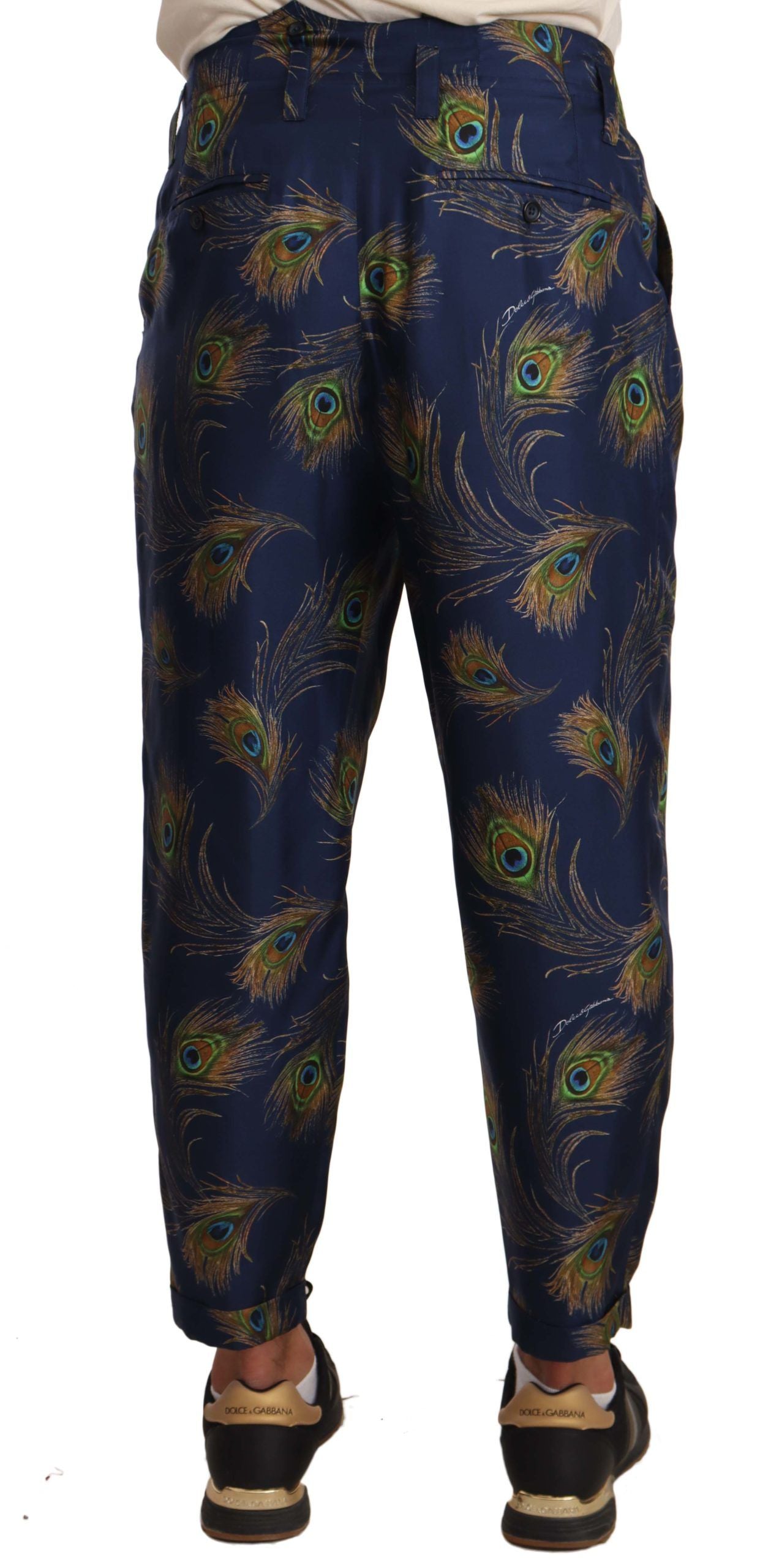 Dolce & Gabbana Blue Peacock Print Tapered Trousers Silk Pants