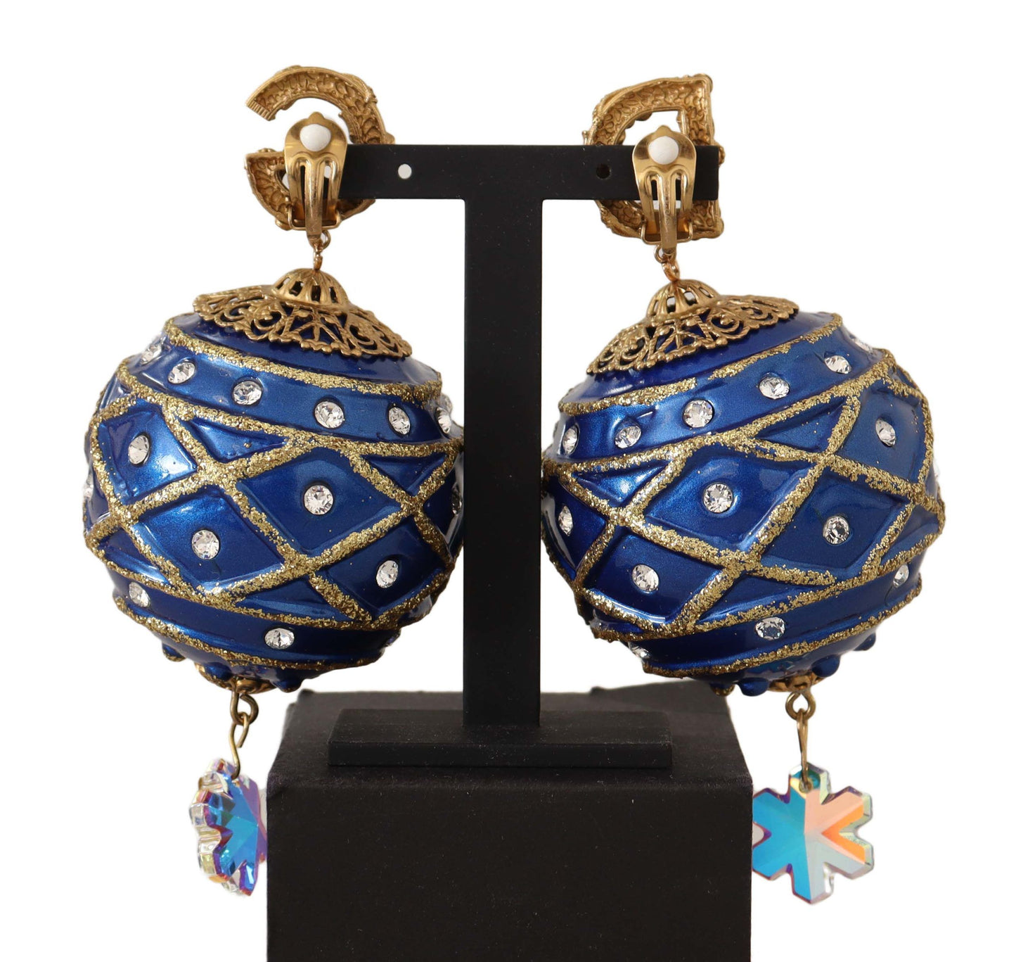 Dolce & Gabbana Gold Brass Blue Christmas Ball Crystal Clip On Earrings