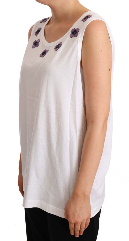 Dolce & Gabbana White Cotton Floral Embroidery Tank T-shirt Top