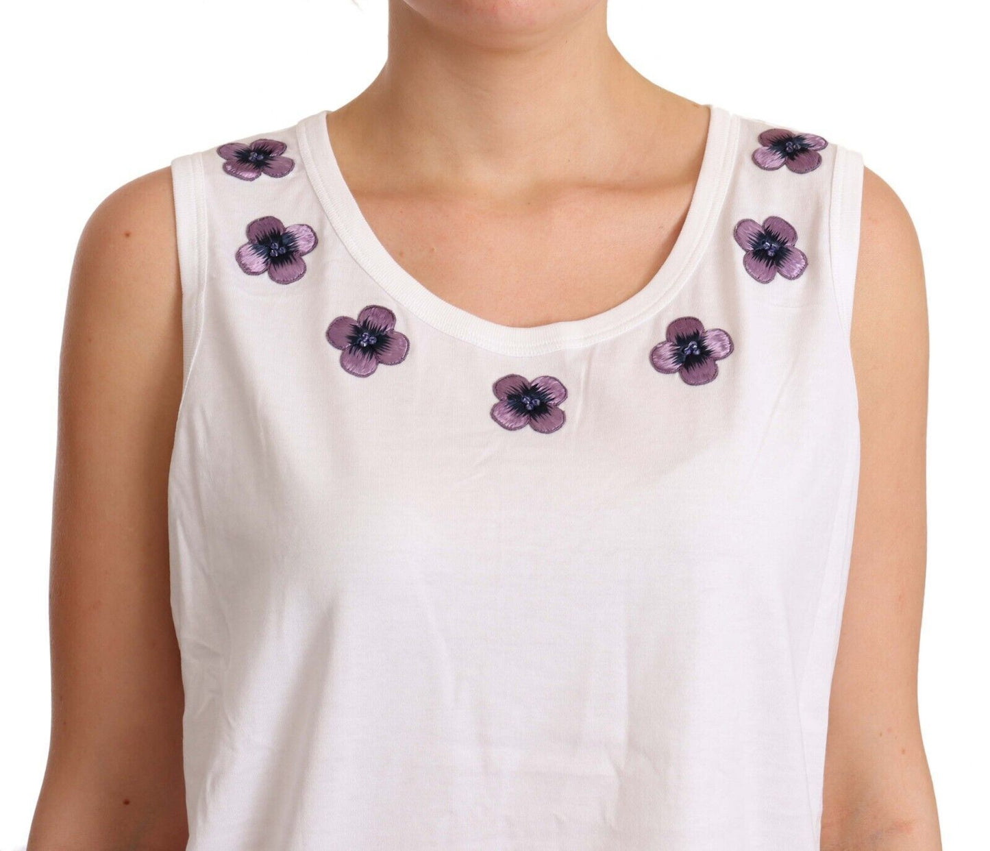 Dolce & Gabbana White Cotton Floral Embroidery Tank T-shirt Top