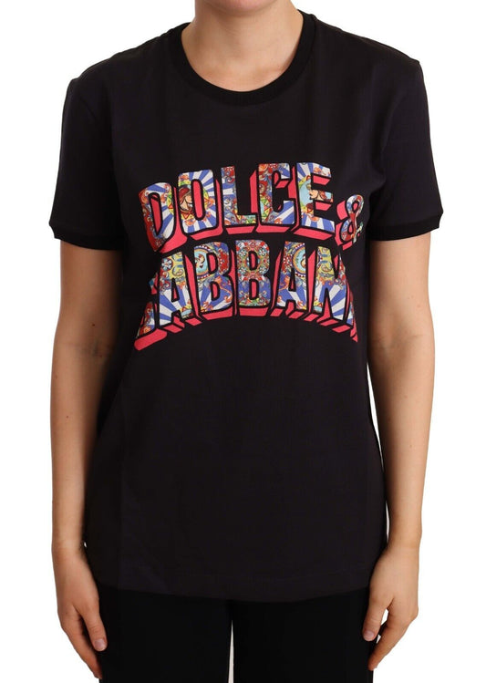 Dolce & Gabbana Black Cotton Large Print Top Crewneck T-shirt