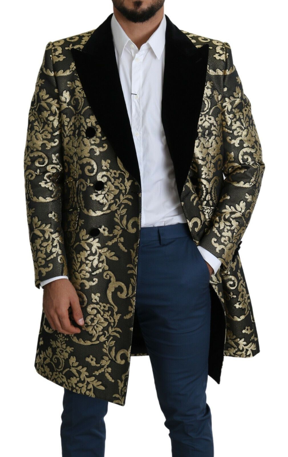 Dolce & Gabbana Black Gold Jacquard Long Coat SICILIA Jacket