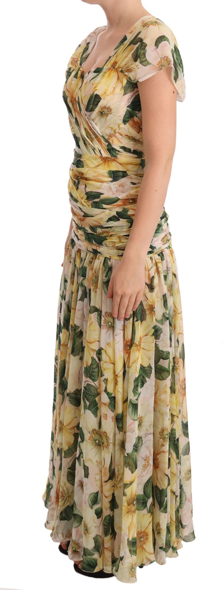 Dolce & Gabbana Yellow Silk Floral Pleated Maxi Dress