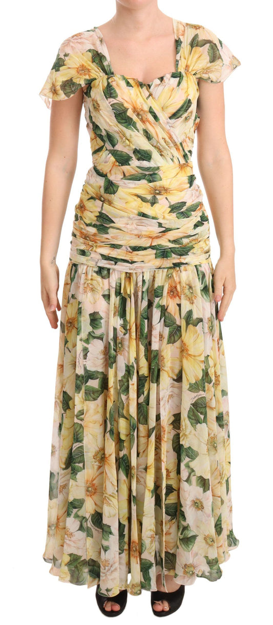 Dolce & Gabbana Yellow Silk Floral Pleated Maxi Dress