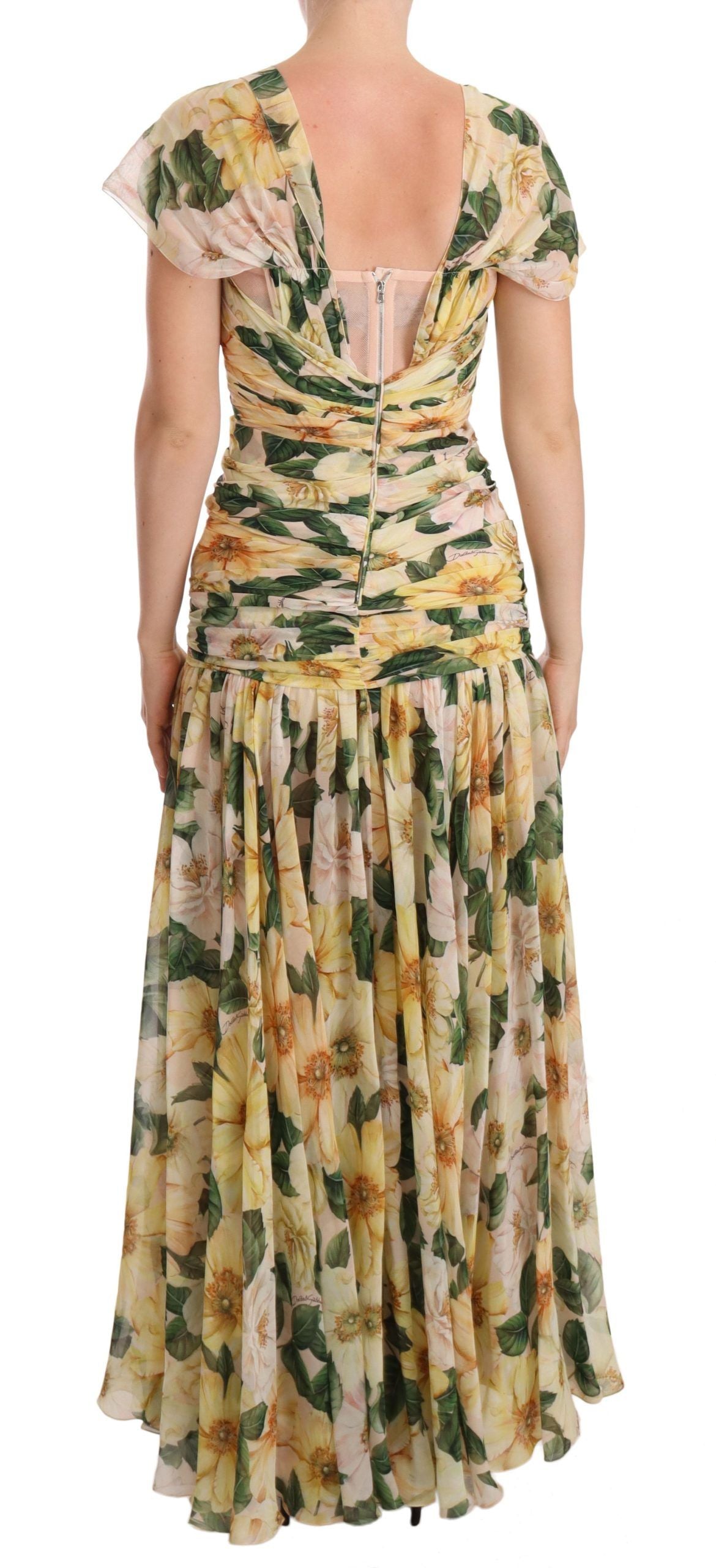 Dolce & Gabbana Yellow Silk Floral Pleated Maxi Dress