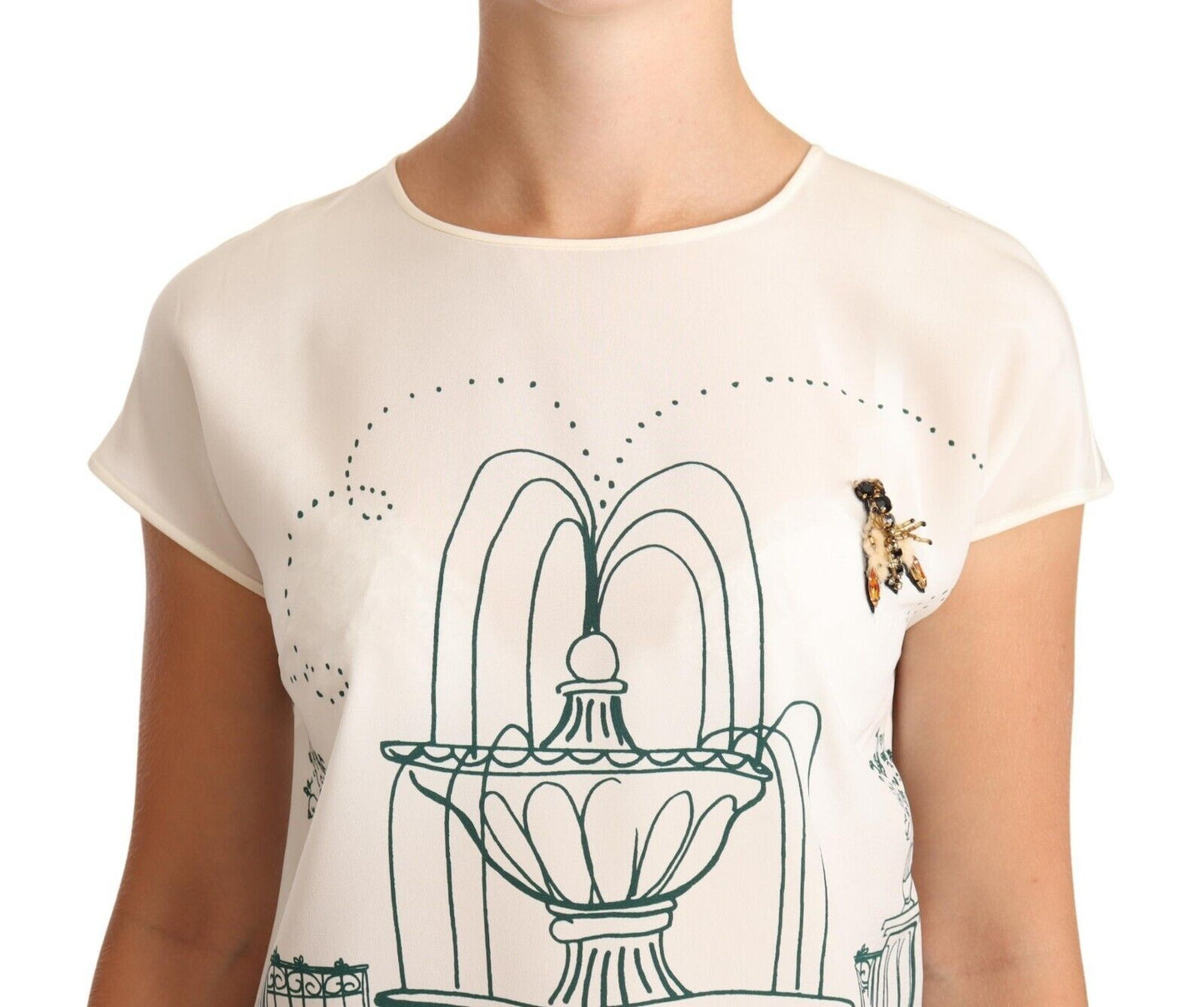 Dolce & Gabbana White Silk Garden Fountain T-Shirt Blouse