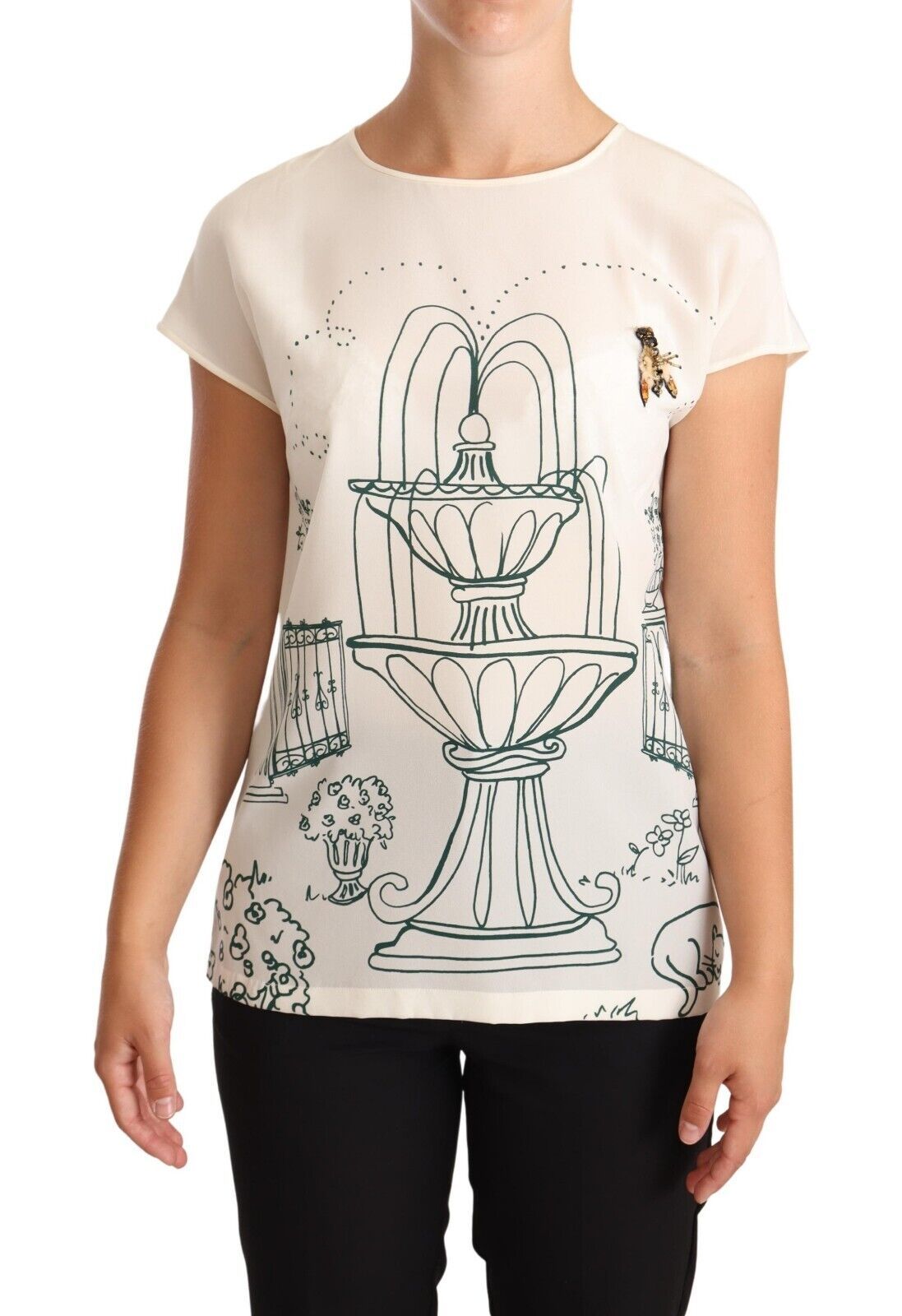 Dolce & Gabbana White Silk Garden Fountain T-Shirt Blouse