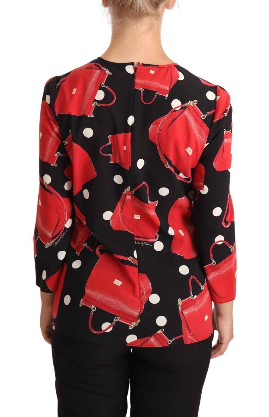 Dolce & Gabbana Black Red Sicily Bag Print Silk Stretch Blouse