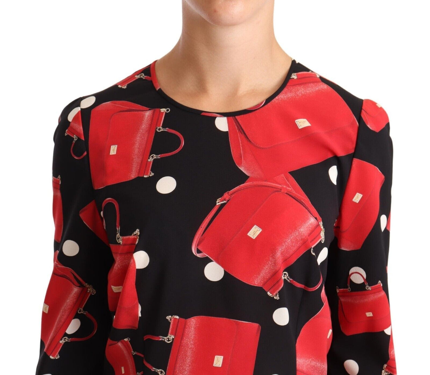 Dolce & Gabbana Black Red Sicily Bag Print Silk Stretch Blouse