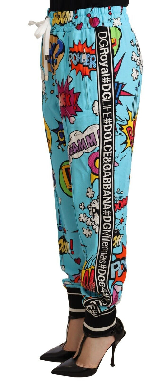 Dolce & Gabbana Blue Cartoon Print Jogger Viscose Stretch Pants